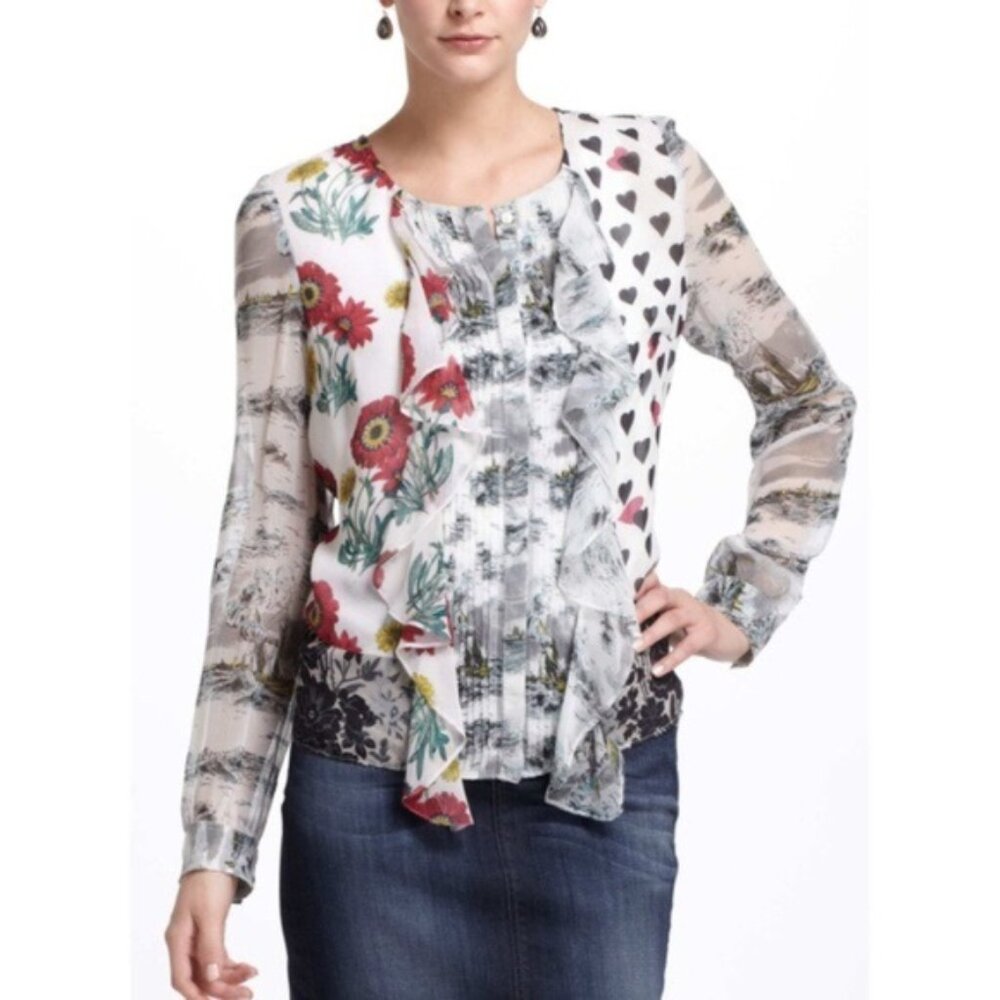 Anthropologie Leifnotes In Spades Floral Ruffle Sheer Chiffon Blouse Romantic 4